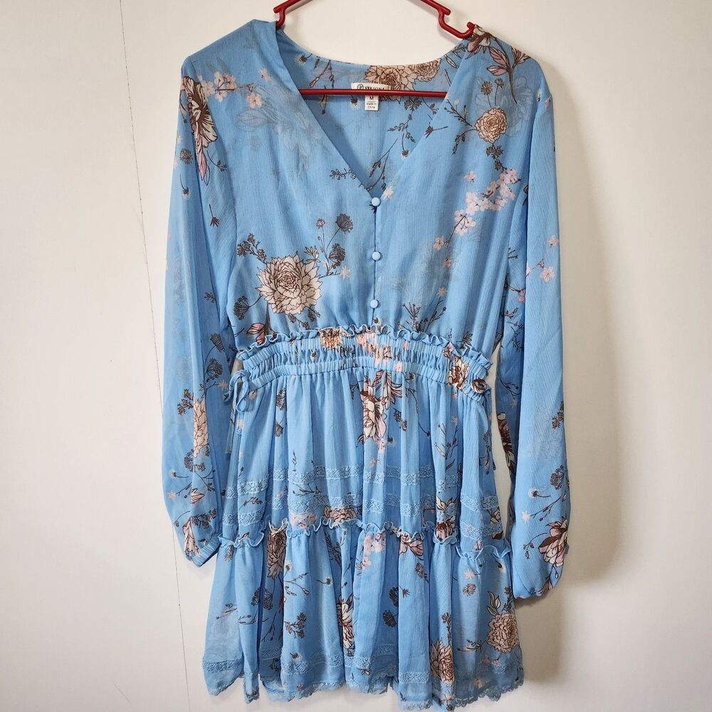 Versona Blue Floral Tiered Mini Dress Long Sleeve Size M